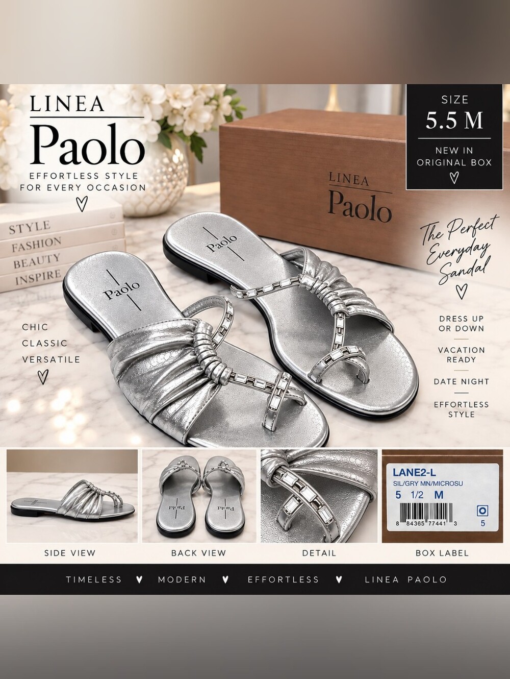 Linea Paolo Lane2-L Silver Metallic Embellished Slide Sandals Size 5.5 M, NIB